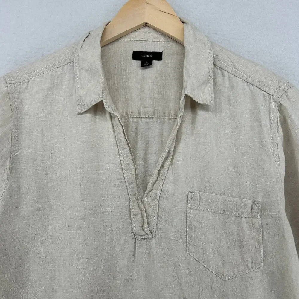 J.CREW Top Womens L Linen Popover Shirt Blouse Short Sleeve Woven Natural Beige